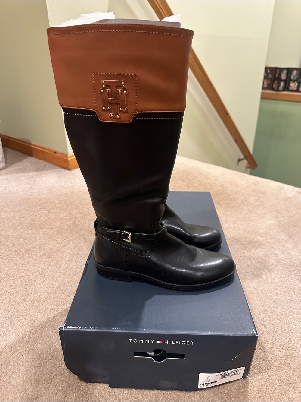 Tommy Hilfiger Two-Tone Tall Riding Boots in Black & Brown